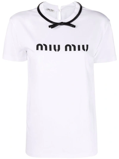 Miu Miu Logo-print Bow-detail T-shirt In White