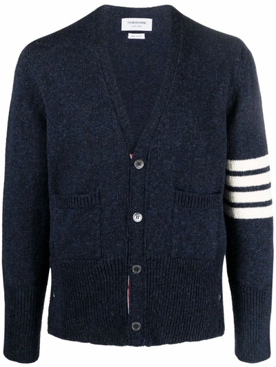 Thom Browne Blue Wool Cardigan With 4 Bar Stripe Detail