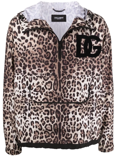 Dolce & Gabbana Dg Logo-patch Leopard-print Jacket In Brown