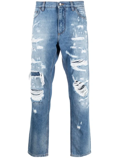 Dolce & Gabbana Distressed Straight-leg Jeans In Blau
