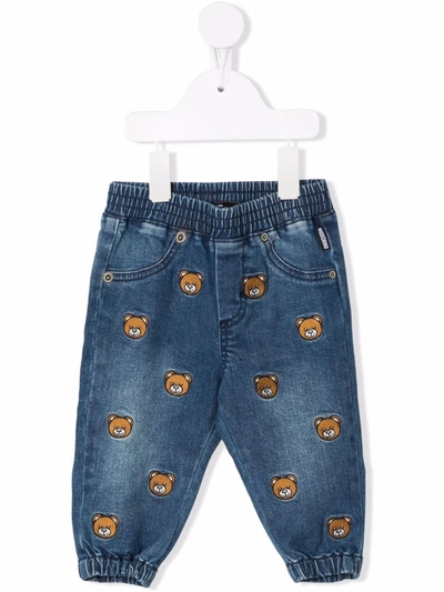 Moschino Babies' Embroidered Teddy Bear Jeans In 蓝色