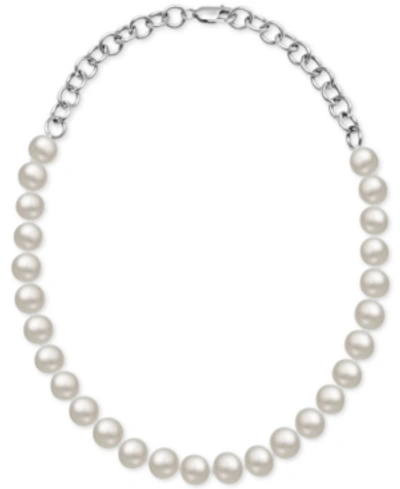 Macy's Cultured Freshwater Pearl (10mm) & Rolo Link 18" Statement Necklace In Sterling Silver In White