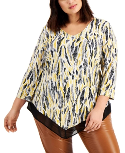 Alfani Plus Size Printed Sheer-hem Top, Created For Macy's In Featherd Frenzy
