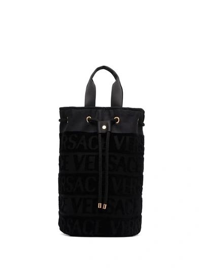 Versace Logo Pattern Drawstring Beach Bag In Black