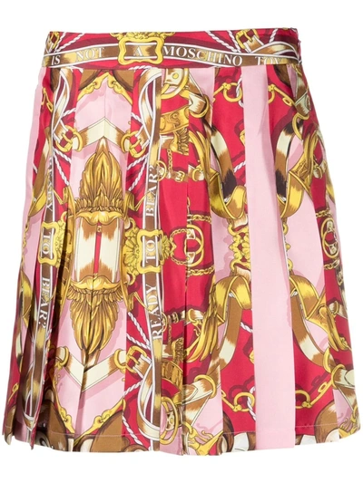 Moschino Silk Miniskirt With Teddy Scarf Print In Pink