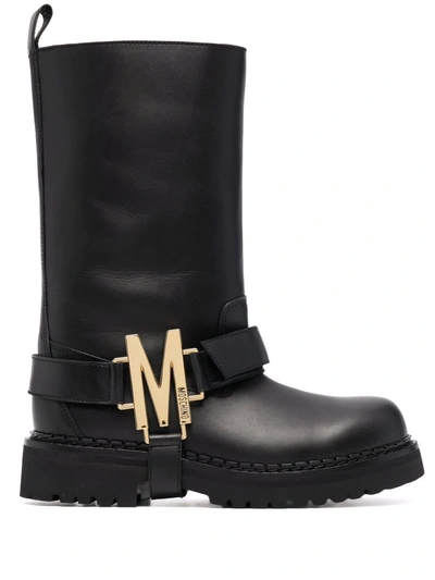 Moschino 50mm M Stud Leather Biker Boots In Black
