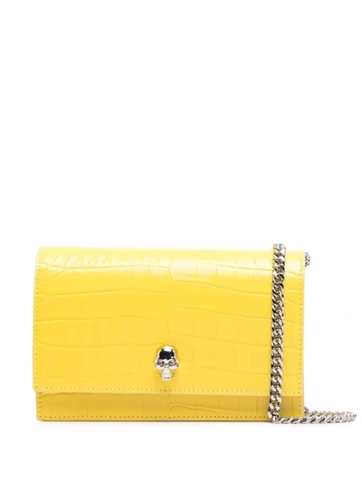 Alexander Mcqueen Mini Skull Croc Embossed Leather Shoulder Bag In Gelb