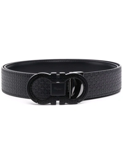 Ferragamo Black Gancini Embossed Reversible Leather Belt