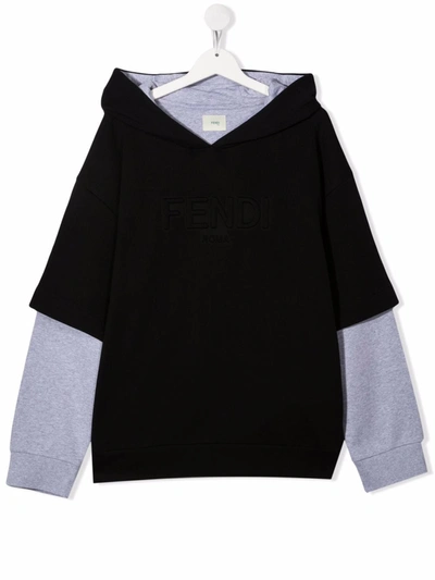 Fendi Kids' Embossed-logo Long-sleeve Hoodie In Black