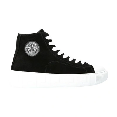 Versace Greca Sneakers In Black Canvas With Logo In White/black