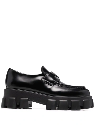 Prada Platform Leather Triangle Logo Loafers In Black
