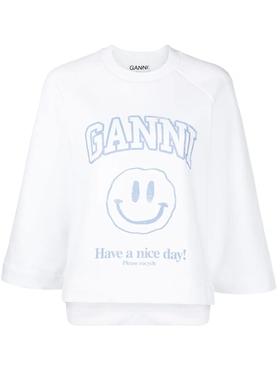 Ganni Isoli Printed Recycled Cotton-blend Jersey Sweatshirt In White