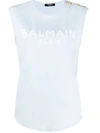 BALMAIN LIGHT BLUE COTTON T-SHIRT WITH FLOCKED WHITE BALMAIN LOGO
