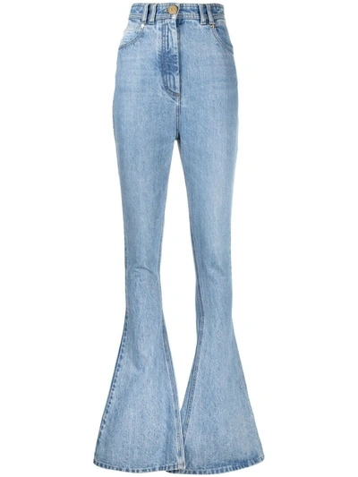 Balmain High-waist Monogram-detail Bootcut Jeans In Blue