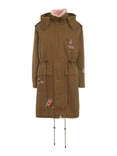 Red Valentino Military Green Gabardine Caban With Sweet Roses Embroidery