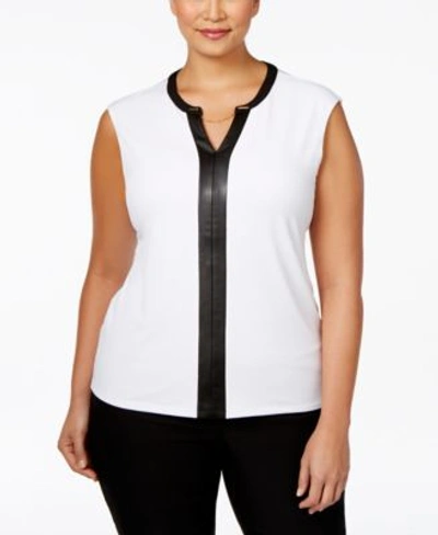 Calvin Klein Plus Size Faux Leather-trim Cap-sleeve Top In Latte