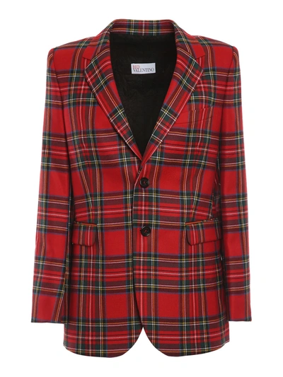Red Valentino May Lily Printed Check Wool Jacket In Red,blue,green