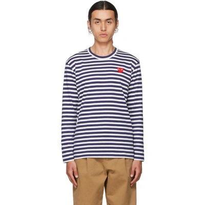 Comme Des Garçons Play Embroidered Heart Striped T-shirt In Navy & White