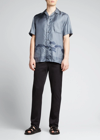 Brioni Men's Roman Tree-print Silk Camp Shirt In Sapphire Multi