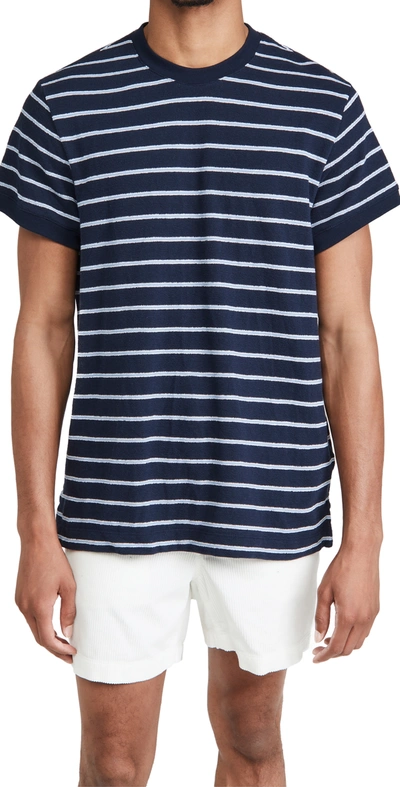 Club Monaco Short Sleeve Textural Stripe Shirt In Navy Stripe