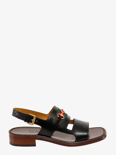 Gucci Horsebit Web Leather Sandals In Black