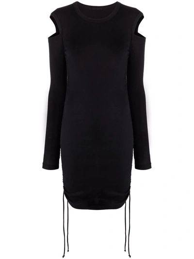 Helmut Lang Cold-shoulder Ruched Ribbed Cotton-jersey Mini Dress In Basalt Black