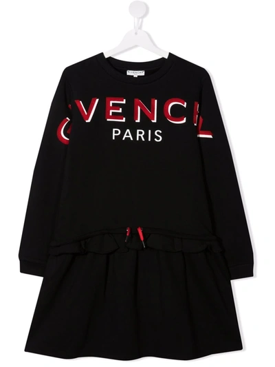 Givenchy Kids' Logo Flock Cotton Blend Sweat Dress In Black