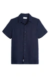 Onia Stretch Linen Short Sleeve Button Front Shirt In Blue