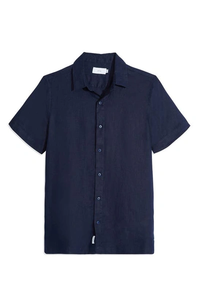 Onia Stretch Linen Short Sleeve Button Front Shirt In Navy