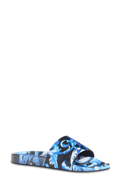 Versace Baroccoflage Slip-on Flat Slides In Blue