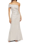 Eliza J Petite One-bow-shoulder Sequin Satin Gown In Beige