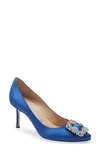 Manolo Blahnik Hangisi 70mm Crystal Buckle Pump In Blue Satin Clear/ Buckle