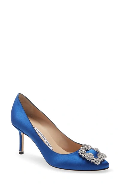 Manolo Blahnik Hangisi 70mm Crystal Buckle Pump In Blue Satin Clear/ Buckle