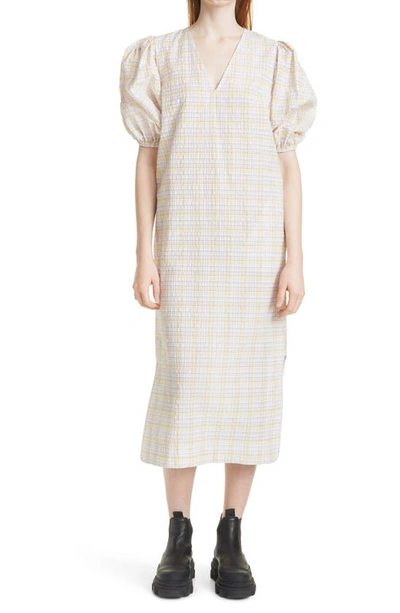 Ganni Check Organic Cotton Blend Seersucker Shift Dress In Multicolour