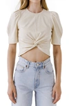 Endless Rose Twist-front Puff-sleeve Crop Top In Oatmeal