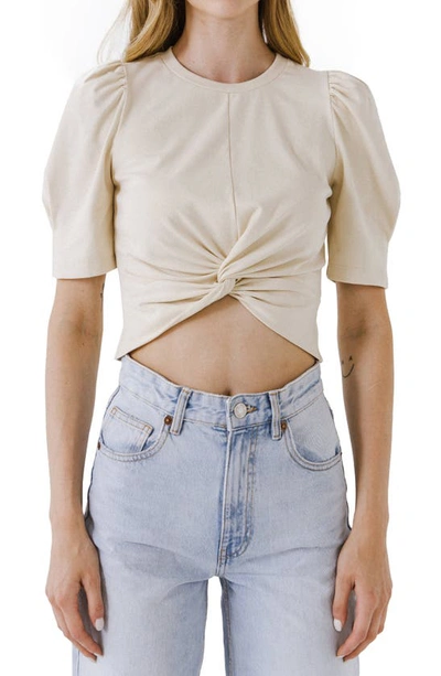 Endless Rose Twist-front Puff-sleeve Crop Top In Oatmeal