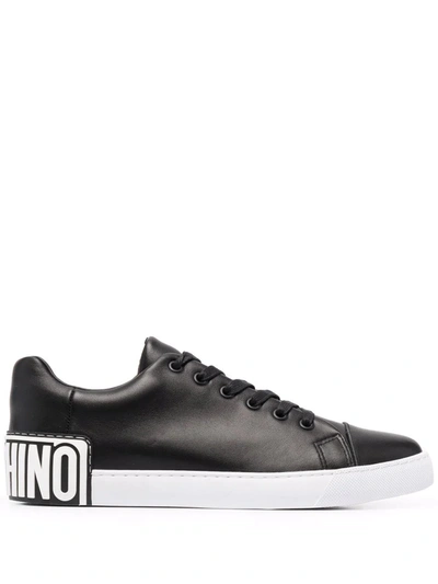 Moschino Logo Patch Leather Sneakers In Black