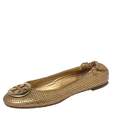 Pre-owned Tory Burch Metallic Gold Snakeskin Effect Leather Minnie Scrunch Ballet Flats Size 37