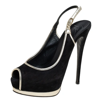 Pre-owned Giuseppe Zanotti Guiseppe Zannotti Black/silver Suede And Leather Trim Peep Toe Slingback Platform Sandals Size 37.5