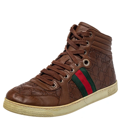 Pre-owned Gucci Ssima Leather Web Detail High Top Sneakers Size 40 In Brown