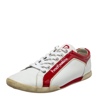 Pre-owned Dolce & Gabbana White/red Patent And Leather Low Top Trainers Size 42