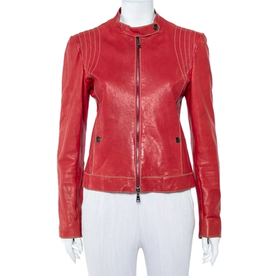 Pre-owned Emporio Armani Red Leather Zip Front Jacket M