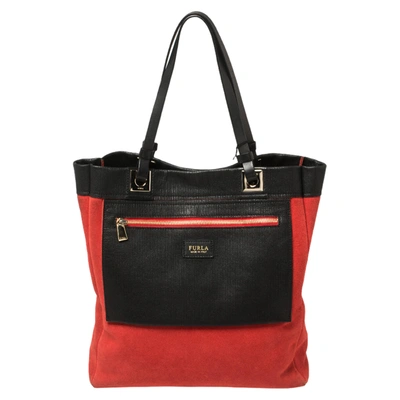 Pre-owned Furla Red/black Textured Leather And Suede Tote In Yellow