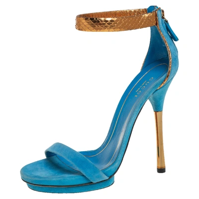 Pre-owned Gucci Blue/gold Suede And Python Leather Kelis Ankle Strap Platform Sandals Size 36