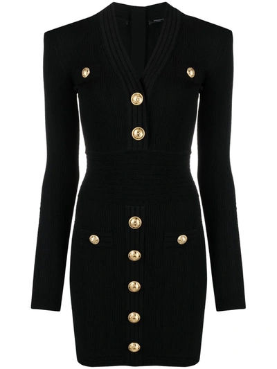 BALMAIN BUTTON-DETAIL RIBBED MINI-DRESS