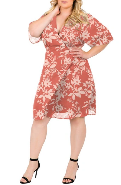 Standards & Practices Plus Size Kimono Wrap Midi Dress In Brick Pink