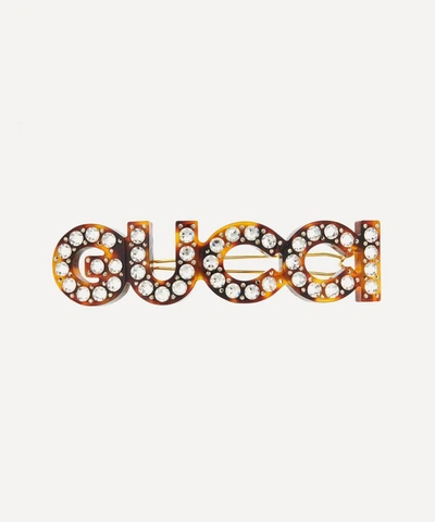 Gucci Crystal-embellished Logo Hairclip In Tortoiseshell