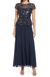 Pisarro Nights Beaded Mesh Mock Two-piece Gown In Jbs Navy