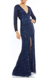 Mac Duggal Navy Embellished Front Slit Long Sleeve Gown In Midnight