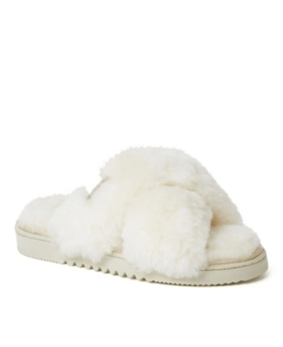 Dearfoams Womens Fireside By  Womens New Castle Genuine Shearling Cross Band Slide In White